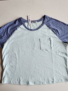 PINK Victoria's Secret Short Sleeve Large Raglan Pocket Tee - Light Blue & Blue